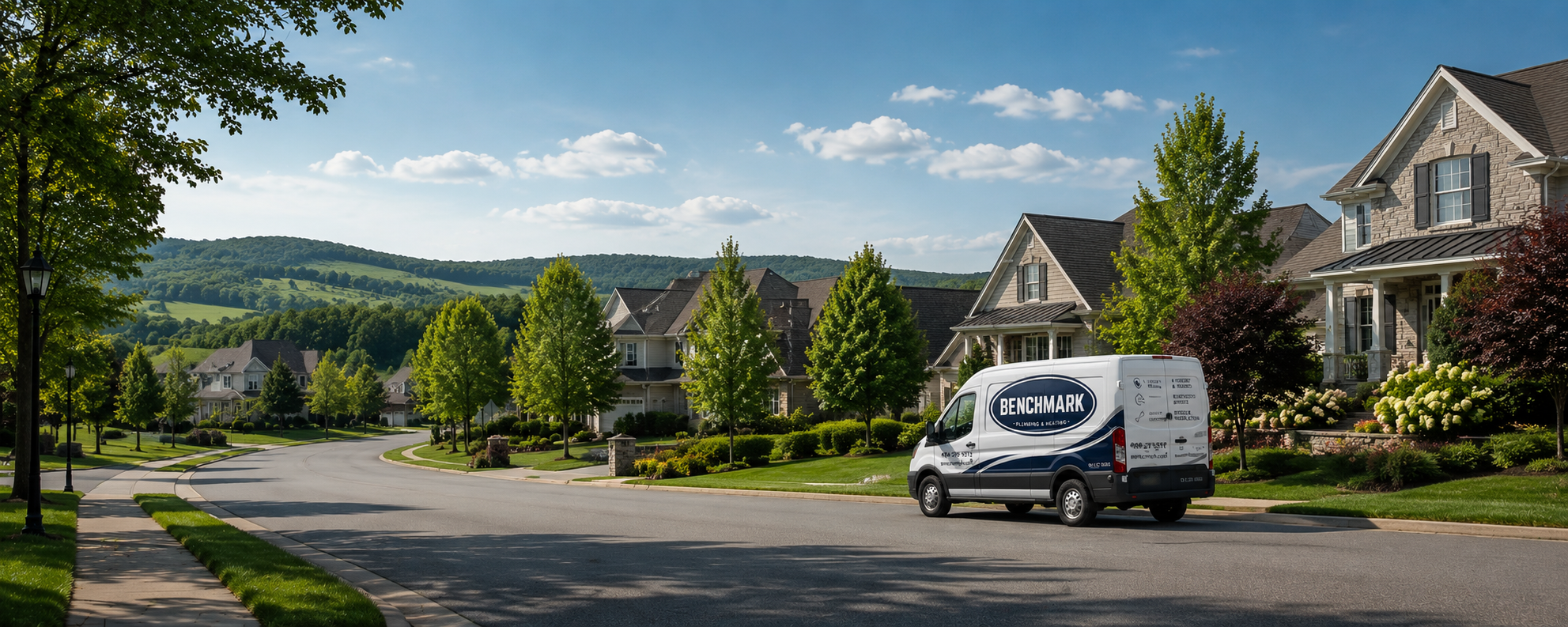 A residential neighborhood with large houses, green trees, and a blue sky with clouds. A white service van with the logo 'Benchmark Plumbing & Heating' is parked on the street.