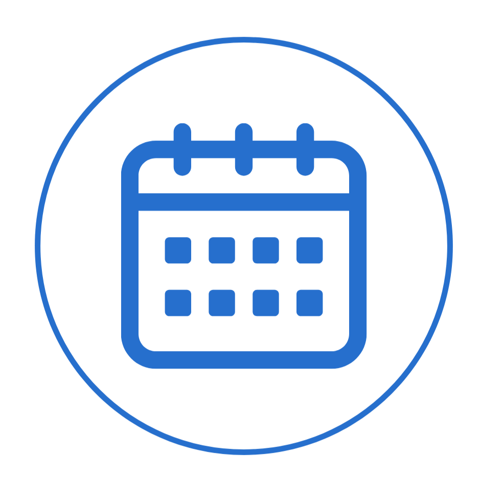 Calendar icon with a blue outline and grid dates inside a white circle with blue border.