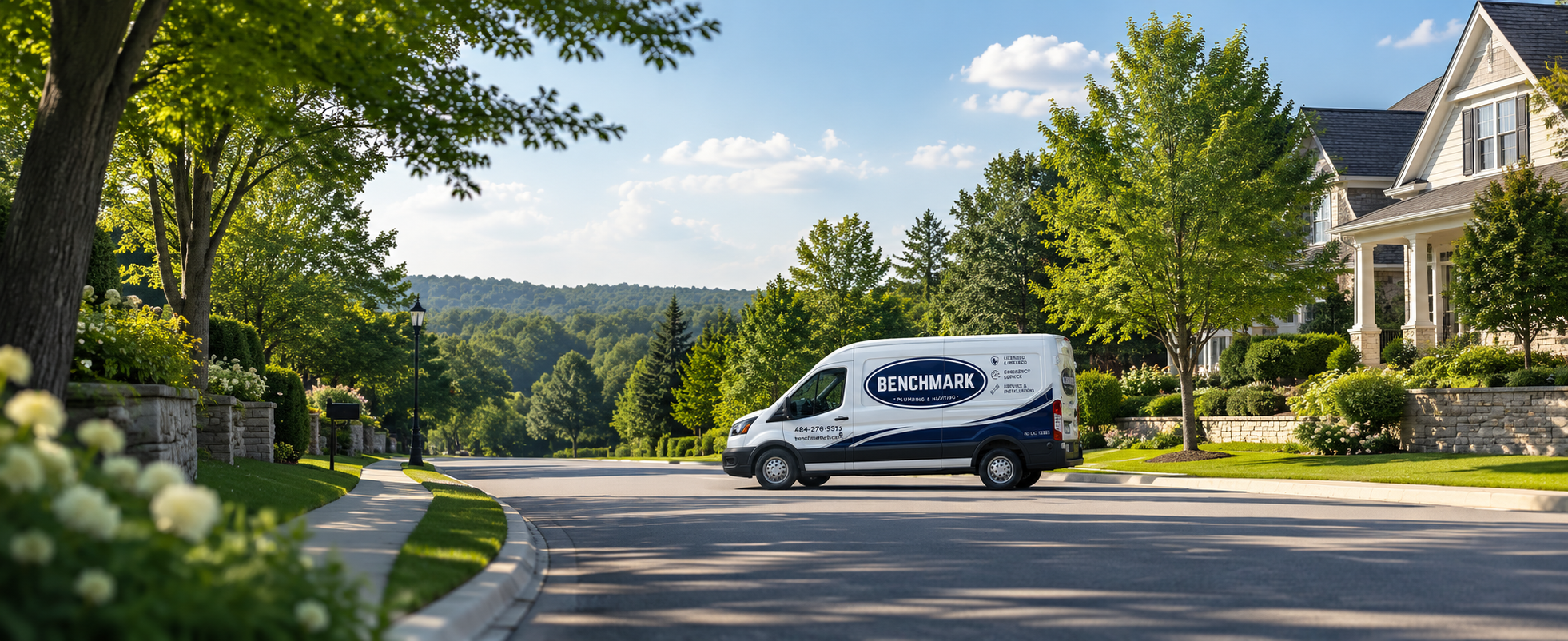 A van with 'Benchmark Plumbing & Heating' logo parked on a suburban street with large houses, trees, and green lawns on a sunny day.