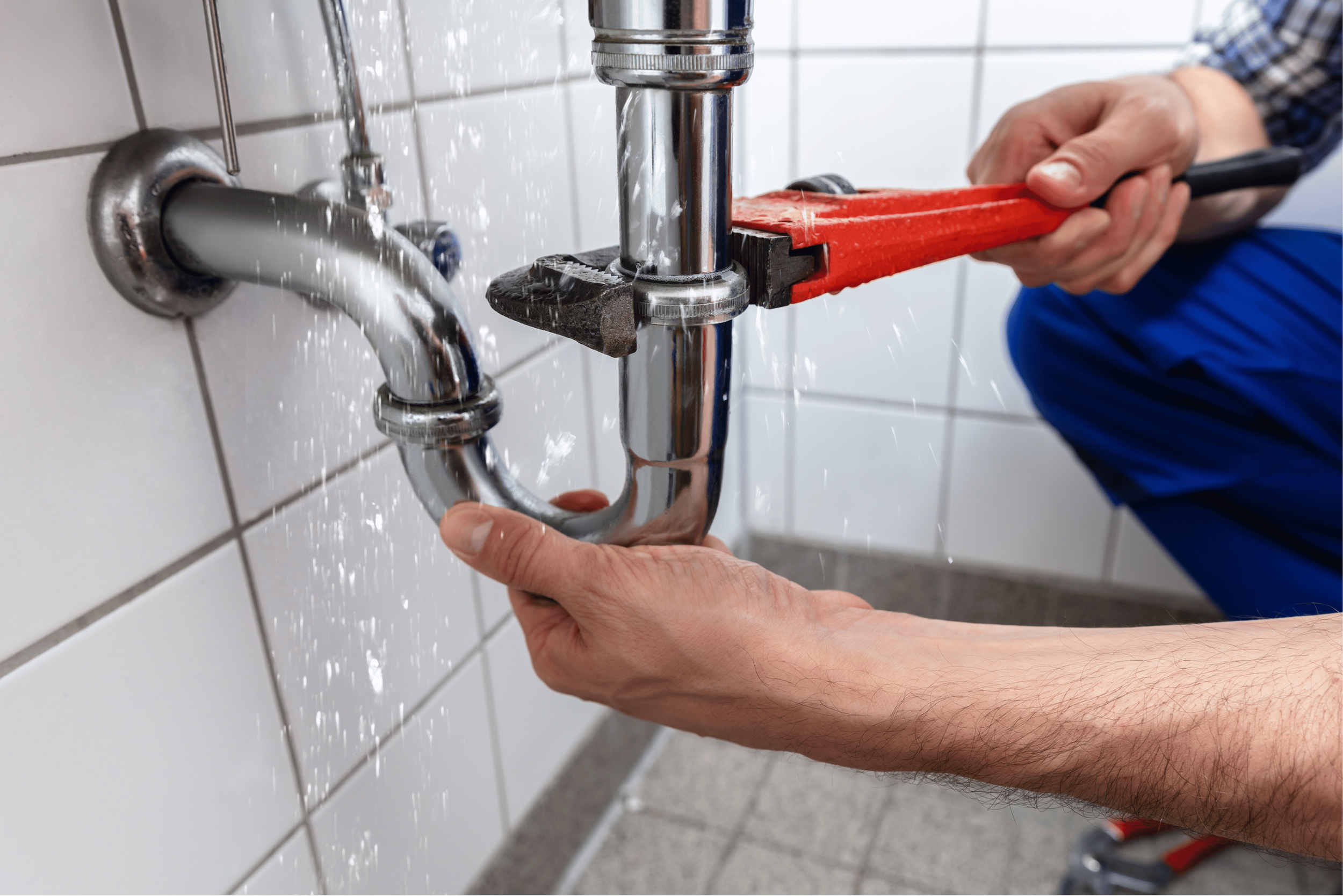 Person using a pipe wrench to tighten or loosen a pipe under a kitchen sink.
