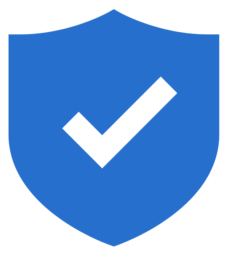 Blue shield with a black check mark in the center, symbolizing security or protection.