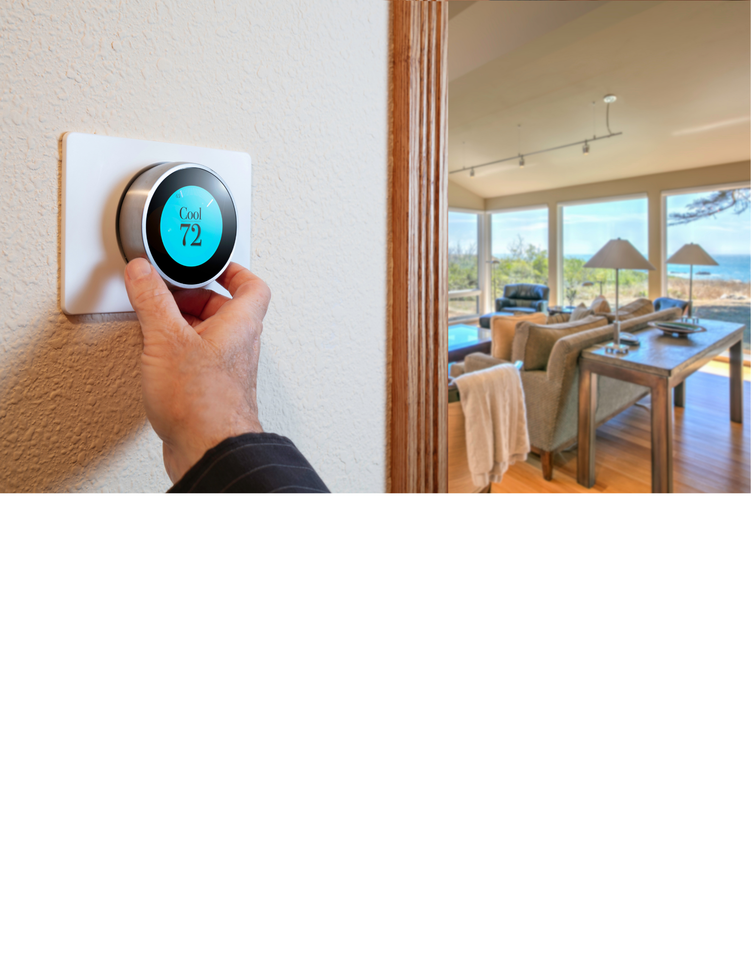 Person adjusting a thermostat on a wall in a living room with large windows and ocean view.