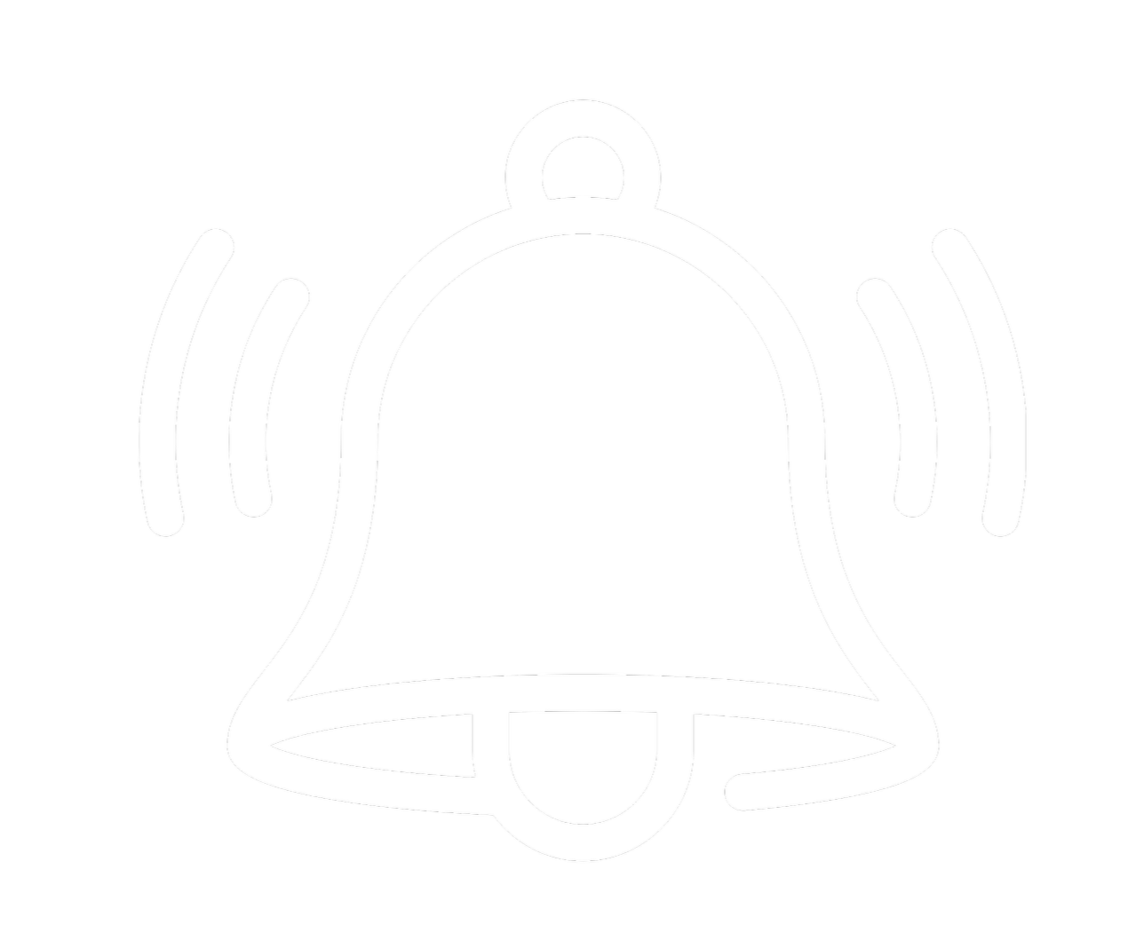 White outline of a ringing bell with curved lines indicating sound on a black background.