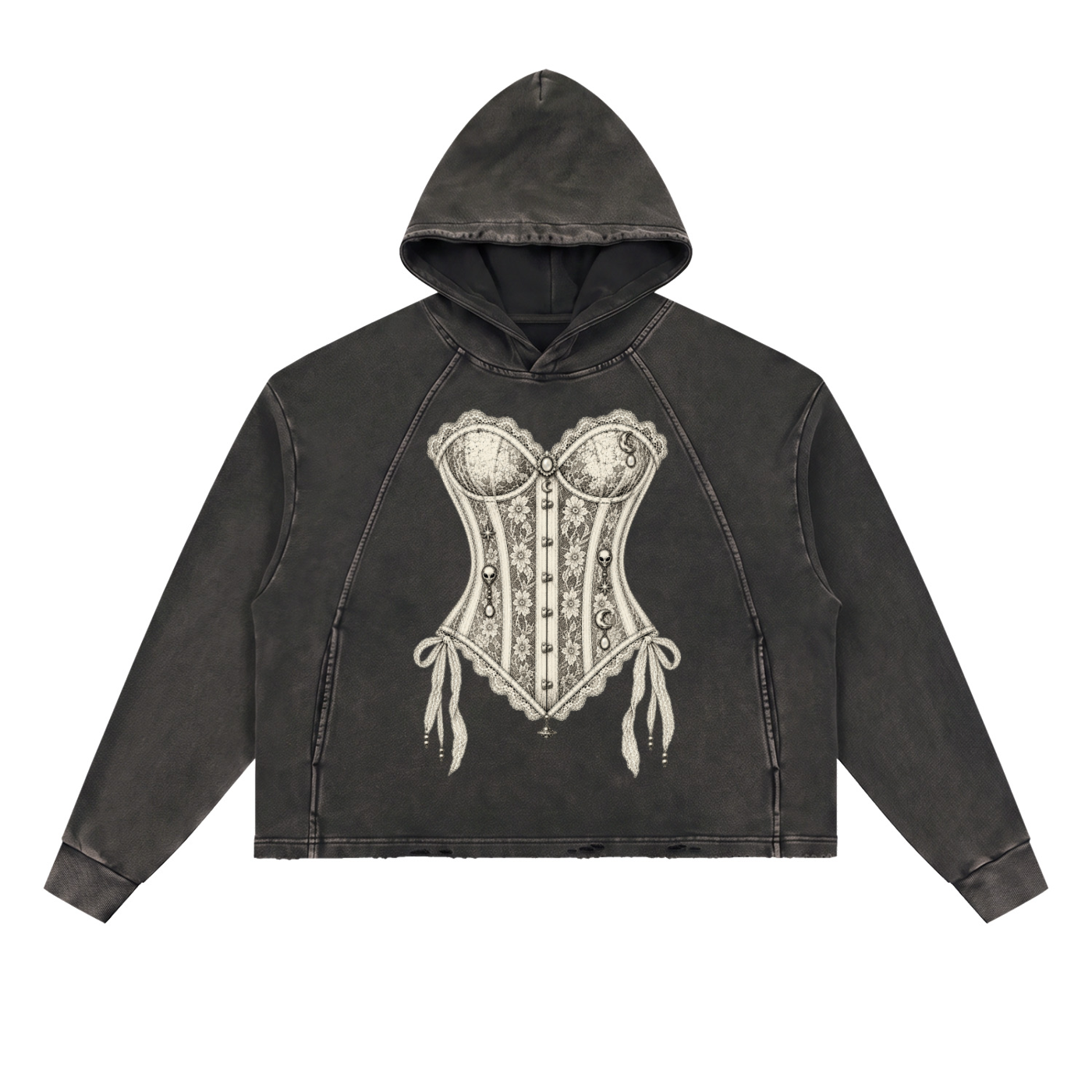 Vintage Washed Frayed-Hem Corset Hoodie