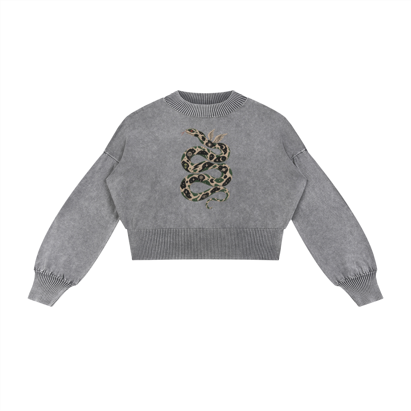 "Women's" Mineral Wash Balloon Sleeve Cropped Snake Sweater