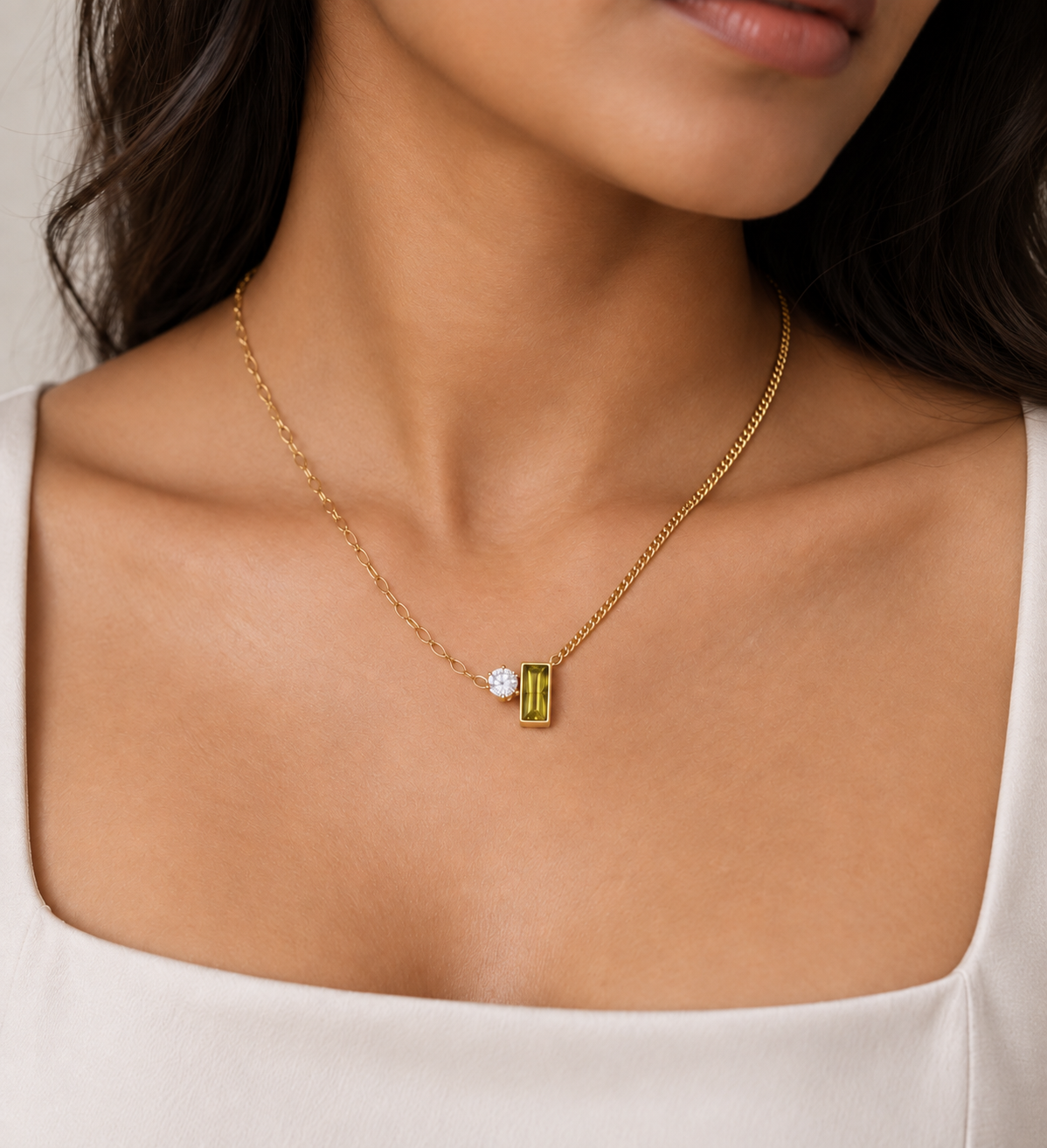 18K Gold Mixed Jewel Baguette Necklace