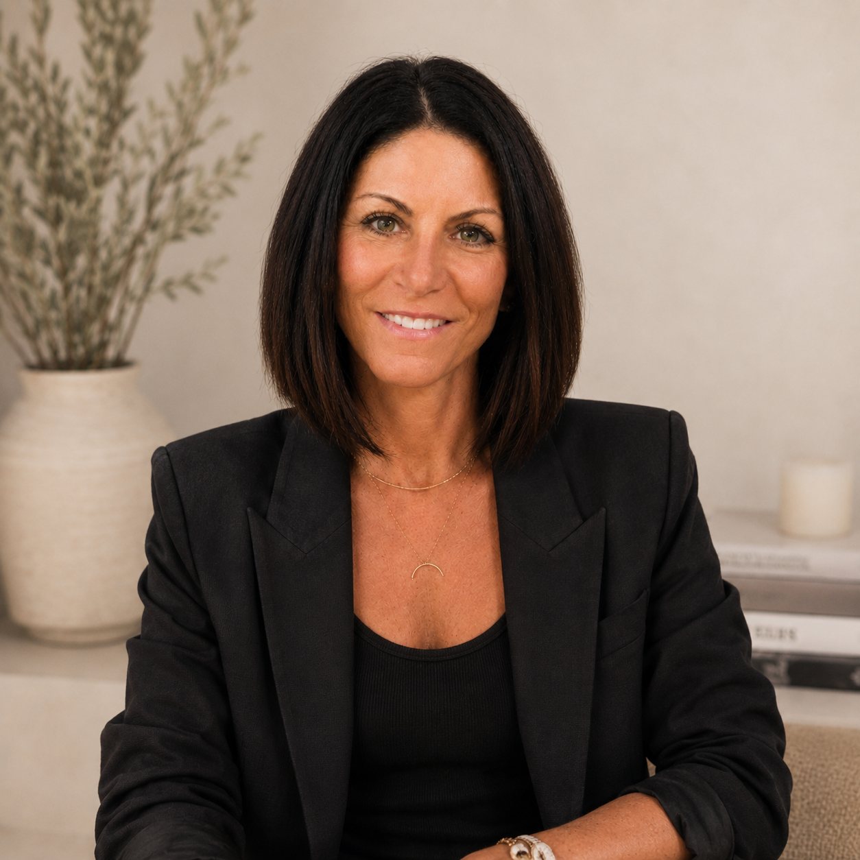 A woman with shoulder-length dark hair smiling, wearing a black blazer and gold jewelry, sitting in an office setting with a large vase of dried plants and a stack of books in the background.