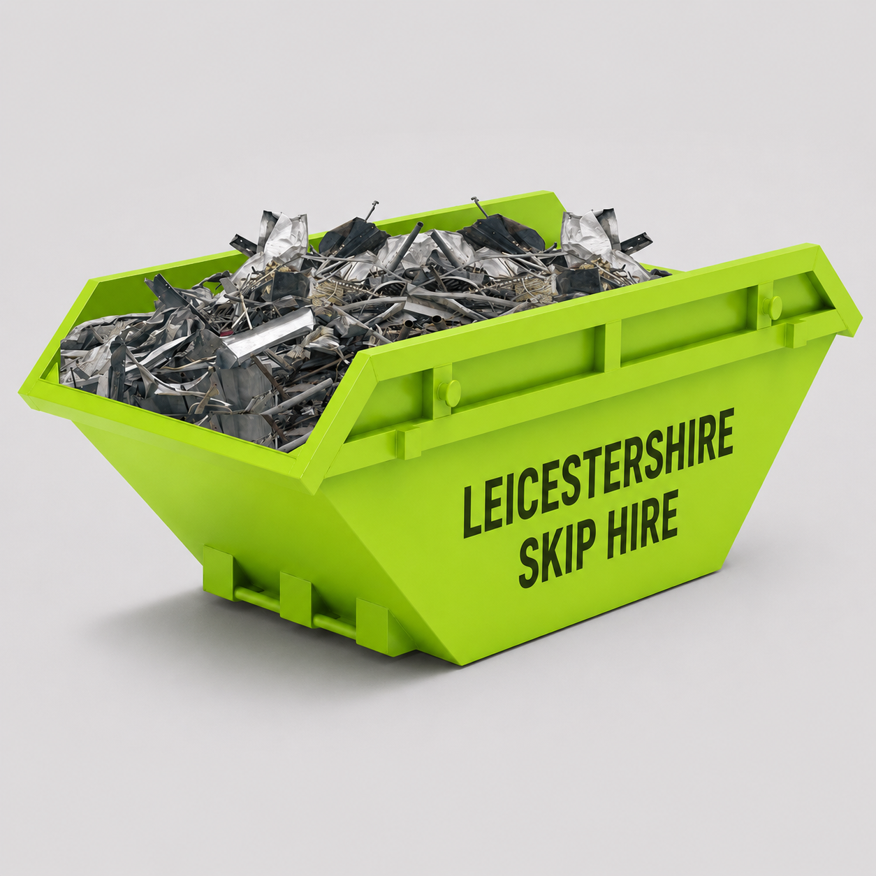 A bright green skip bin labeled 'Leicestershire Skip Hire' filled with scrap metal and debris.