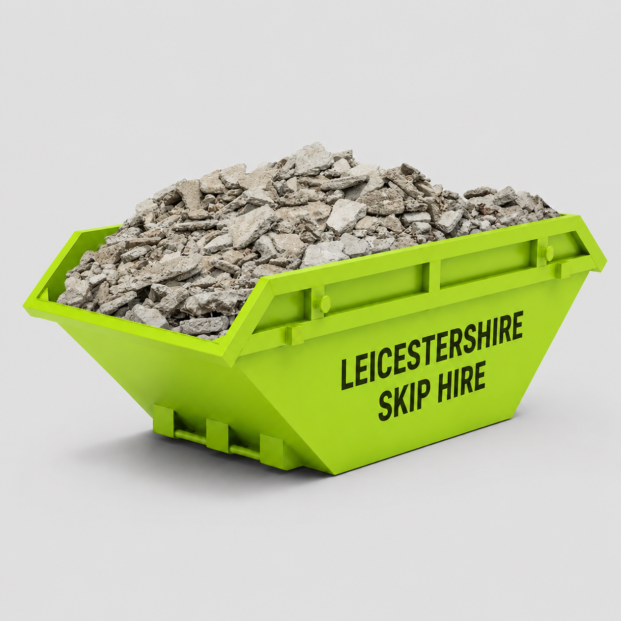 Bright green skip filled with gravel and rubble against a plain gray background, labeled 'Leicestershire Skip Hire' in black text.