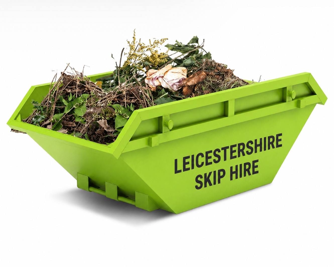 Green skip bin labeled Leicestershire Skip Hire filled with garden debris and dead plants.