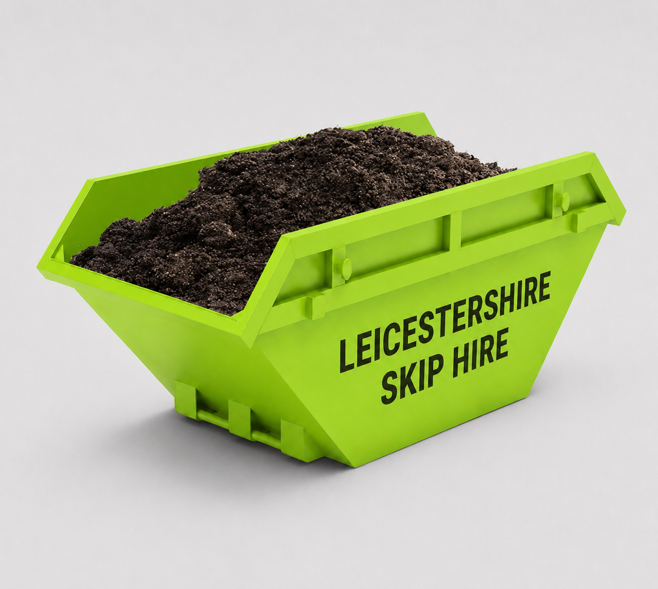 Green skip filled with dark soil, labeled 'Leicestershire Skip Hire'.