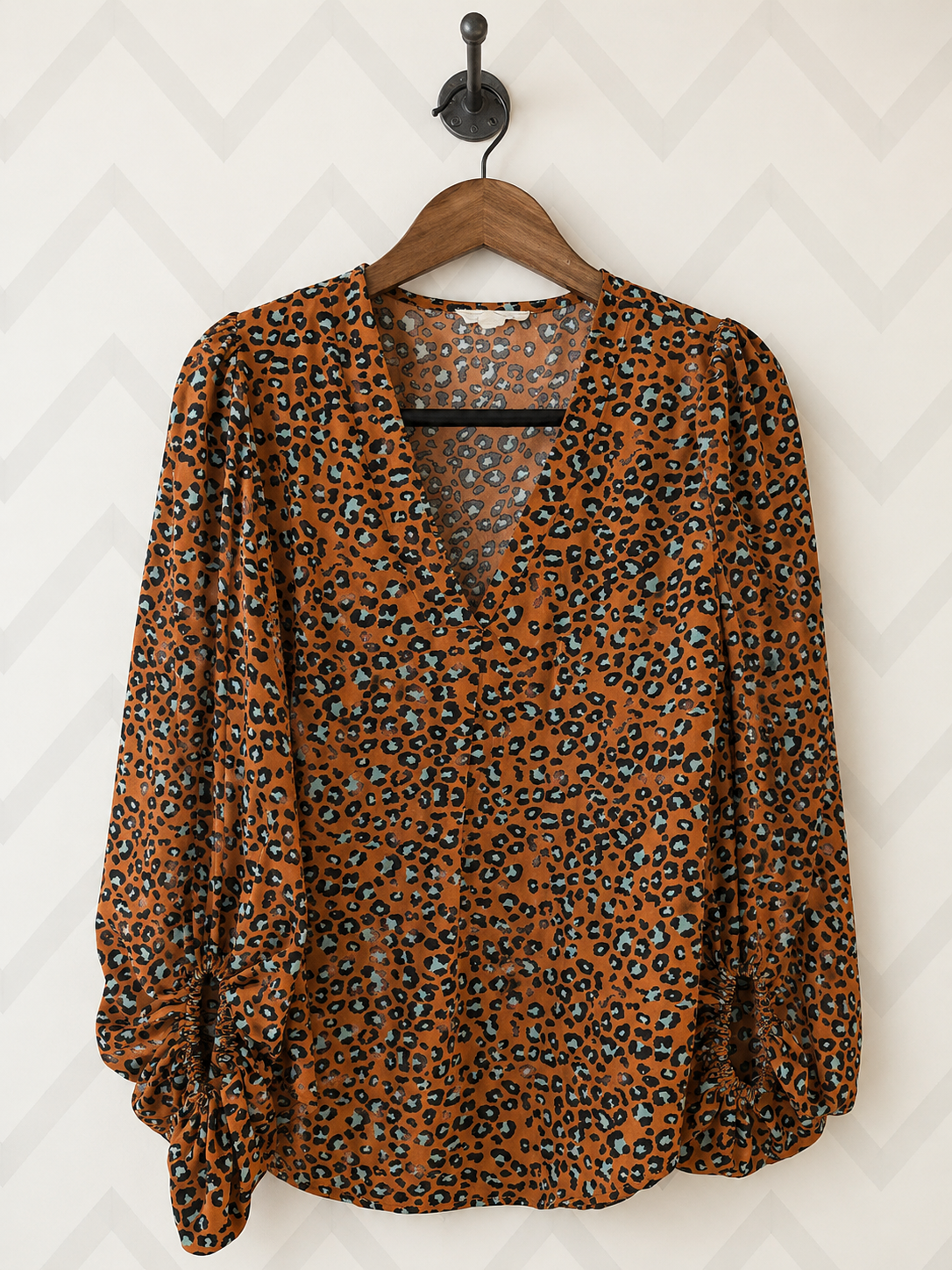 Sandy & Sid Print V-Neck Puff Sleeve Blouse Rust Orange Teal Size M