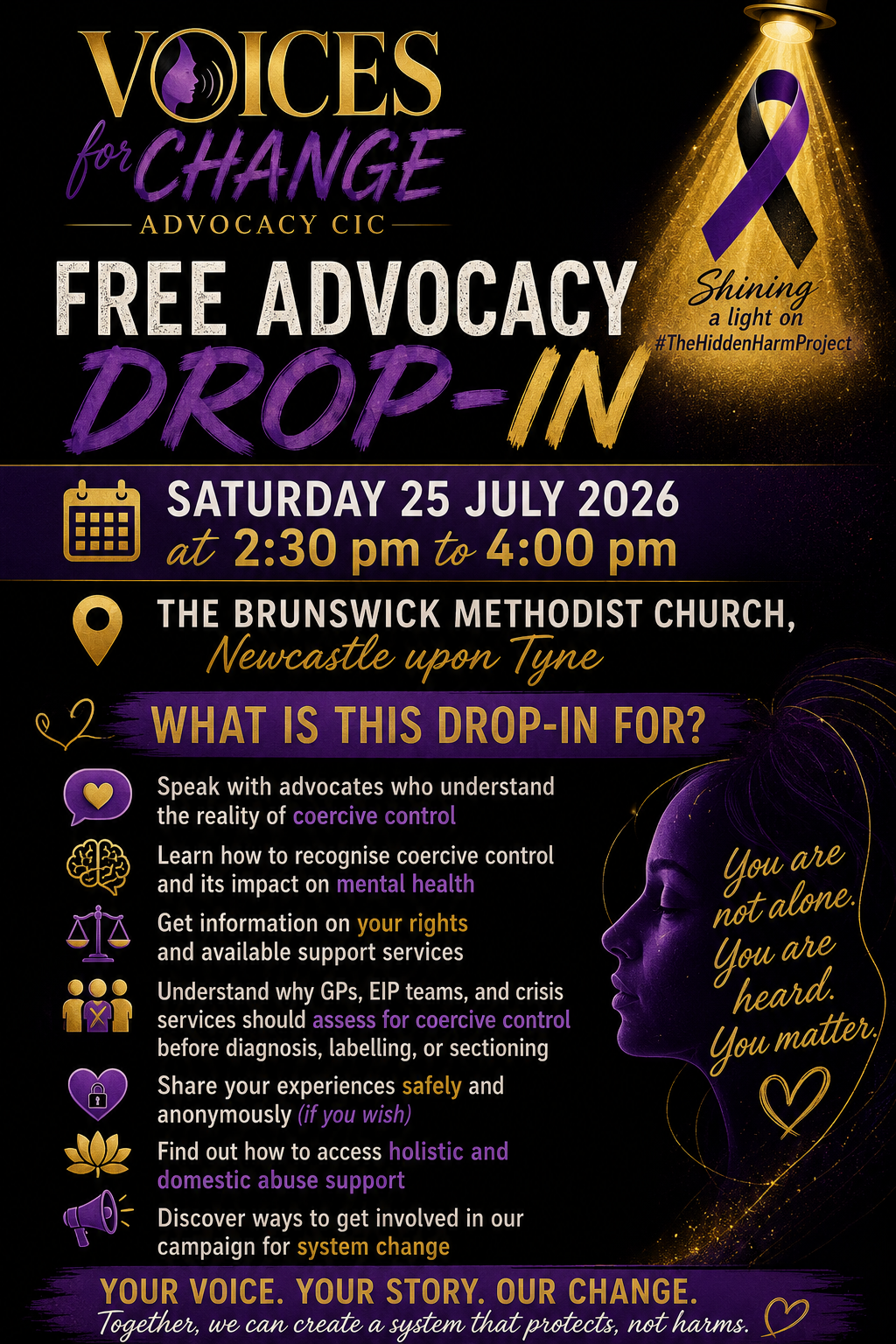 Information poster with purple and gold theme about a free advocacy drop-in event on July 25, 2026, at Brunswick Methodist Church in Newcastle upon Tyne, focusing on coercive control and mental health, featuring a silhouette of a woman with gold text and imagery including ribbon and scales.