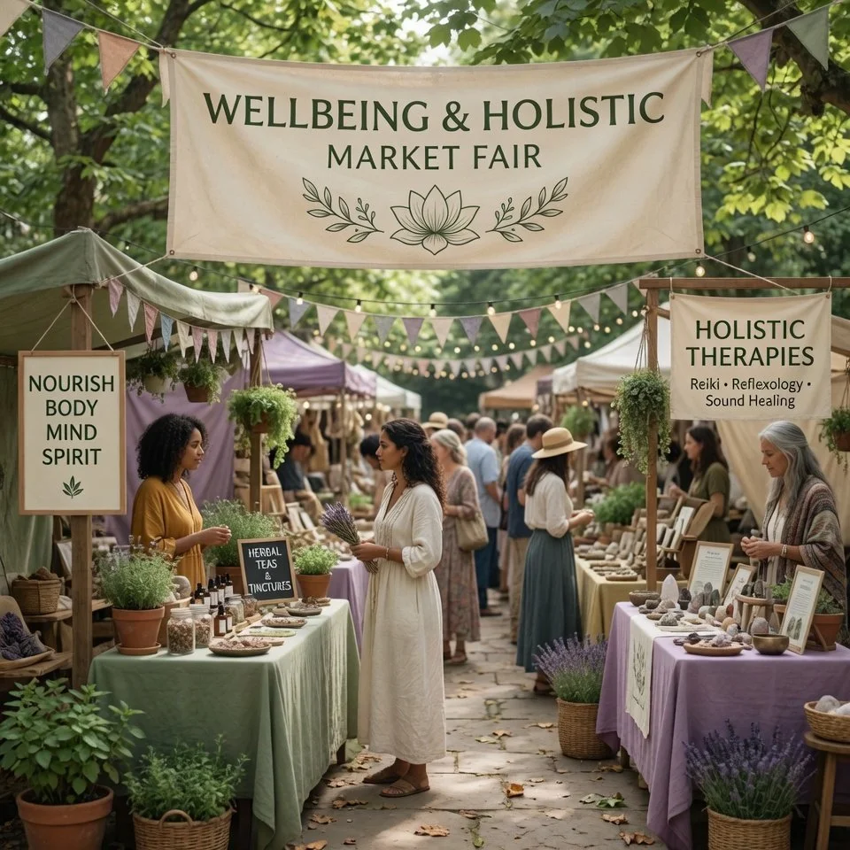 People shopping at a wellness and holistic market fair outdoor stall decorated with plants, lavender, and signs that advertise nourishing body, mind, and spirit, as well as holistic therapies like Reiki, reflexology, and sound healing.