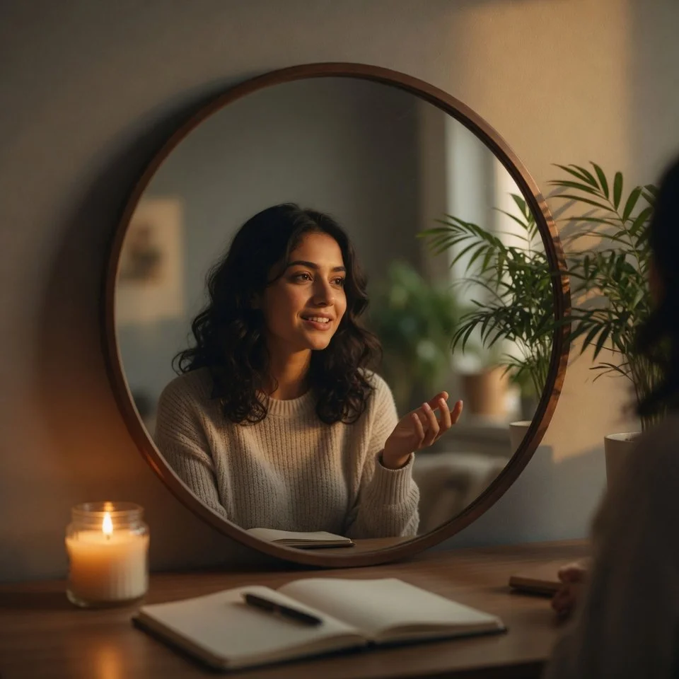 A young woman with curly dark hair smiling at herself in a round mirror, sitting at a table with an open notebook, a pen, a lit candle, and green houseplants in the background.