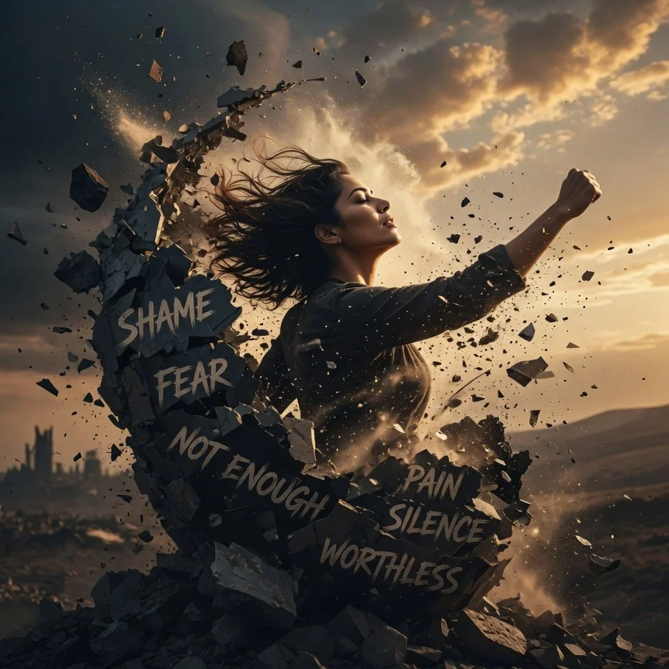 A woman is breaking through a wall of debris as the sun sets behind her. The debris has words like 'shame', 'fear', 'not enough', 'pain', 'silence', 'worthless' written on it, symbolizing breaking free from negative emotions or thoughts.