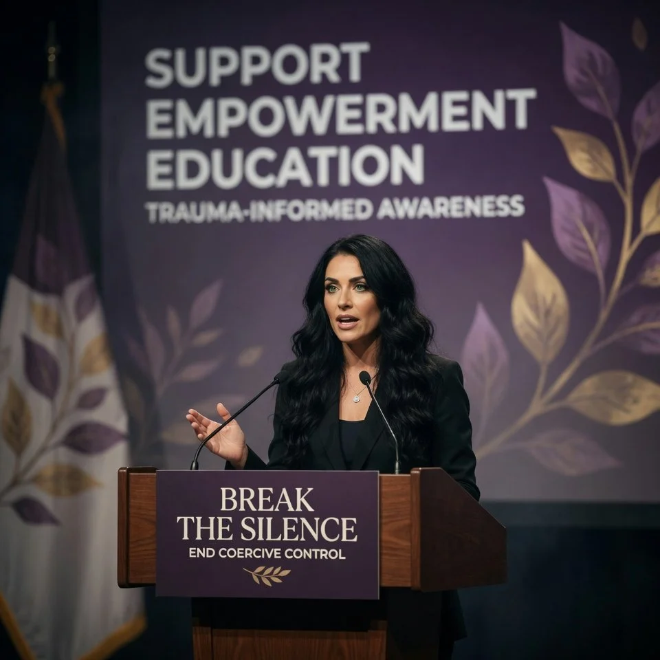 A woman speaking at a podium during an event focused on support, empowerment, education, and trauma-informed awareness. Behind her, a large purple banner displays the words 'Support Empowerment Education Trauma-Informed Awareness,' and the podium sign reads 'Break the Silence End Coercive Control.'