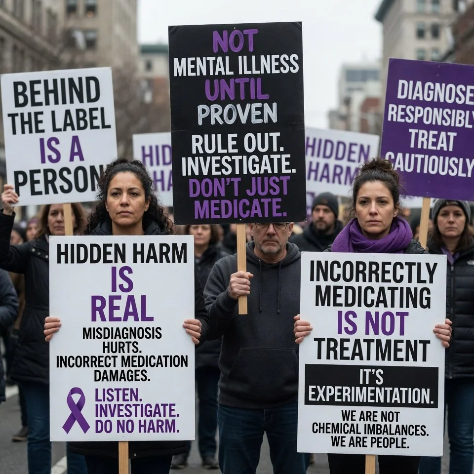 Protesters holding signs advocating for mental health awareness, accurate diagnosis, and responsible medication practices during a rally in an urban area.