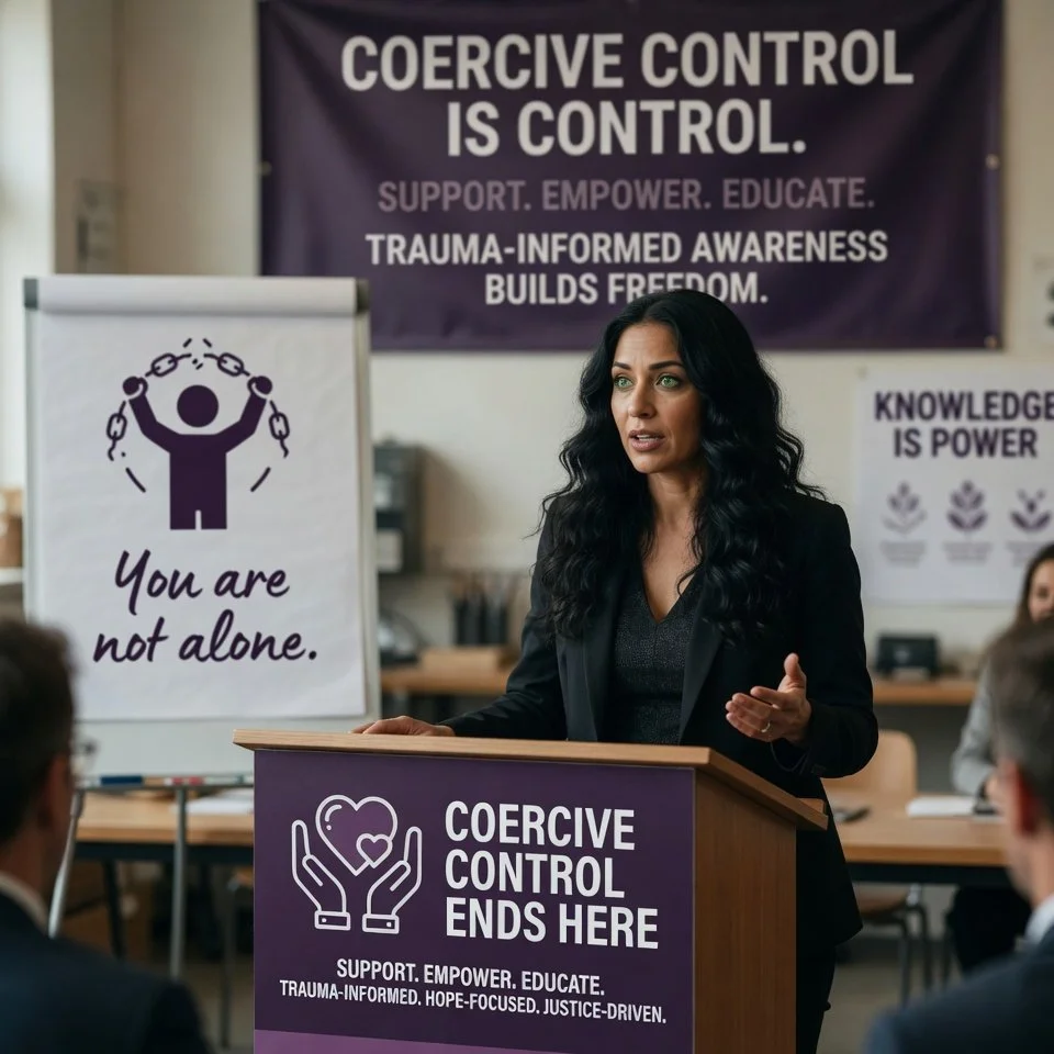 A woman speaking at a podium during a workshop or seminar about coercive control, with banners and posters that read 'Coercive Control is Control', 'You are not alone', and 'Coercive Control Ends Here', emphasizing support, empowerment, education, and justice.