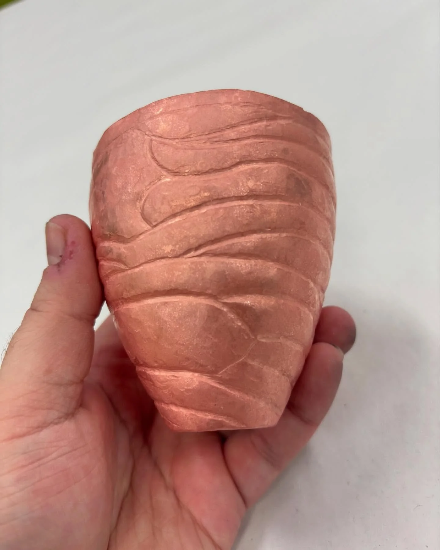 First round of chasing done! Turns out chasing on a raised fork is a lot harder than a flat sheet, go figure. I am so happy with how this piece is turning out! #chasingrepousse #metalforming #metalart #copperart #metalsmith #metalsmithing #wisconsina