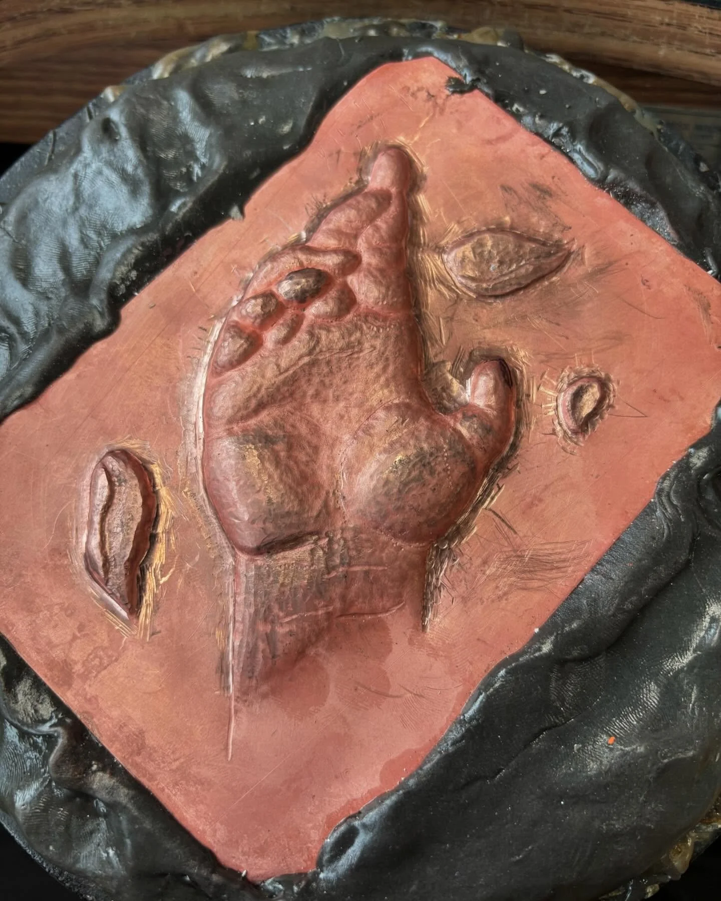 Almost done with this panel! This is the repousse part where I hammer from the front to define the areas and smooth things out. I&rsquo;m still loving this technique : D #copperart #copperartist #chasingrepousse #metalforming #metalartwork #metalarti