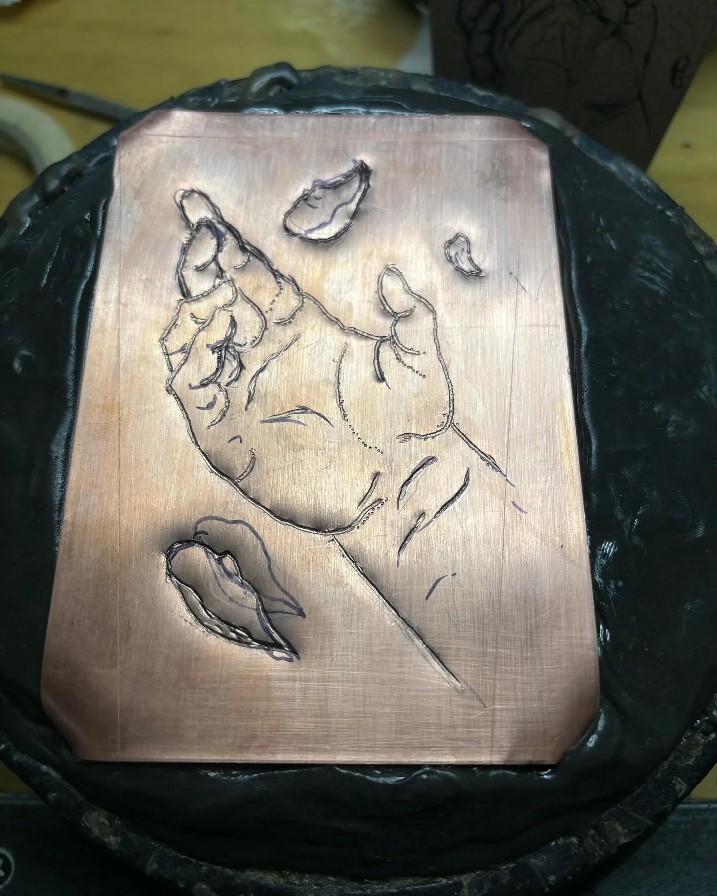 Working on some chasing and repousse! I&rsquo;ve always been interested in this technique and I&rsquo;m excited to start exploring it. #copper #copperart #metalsmith #metalsmithing #chasingrepoussė #metalforming