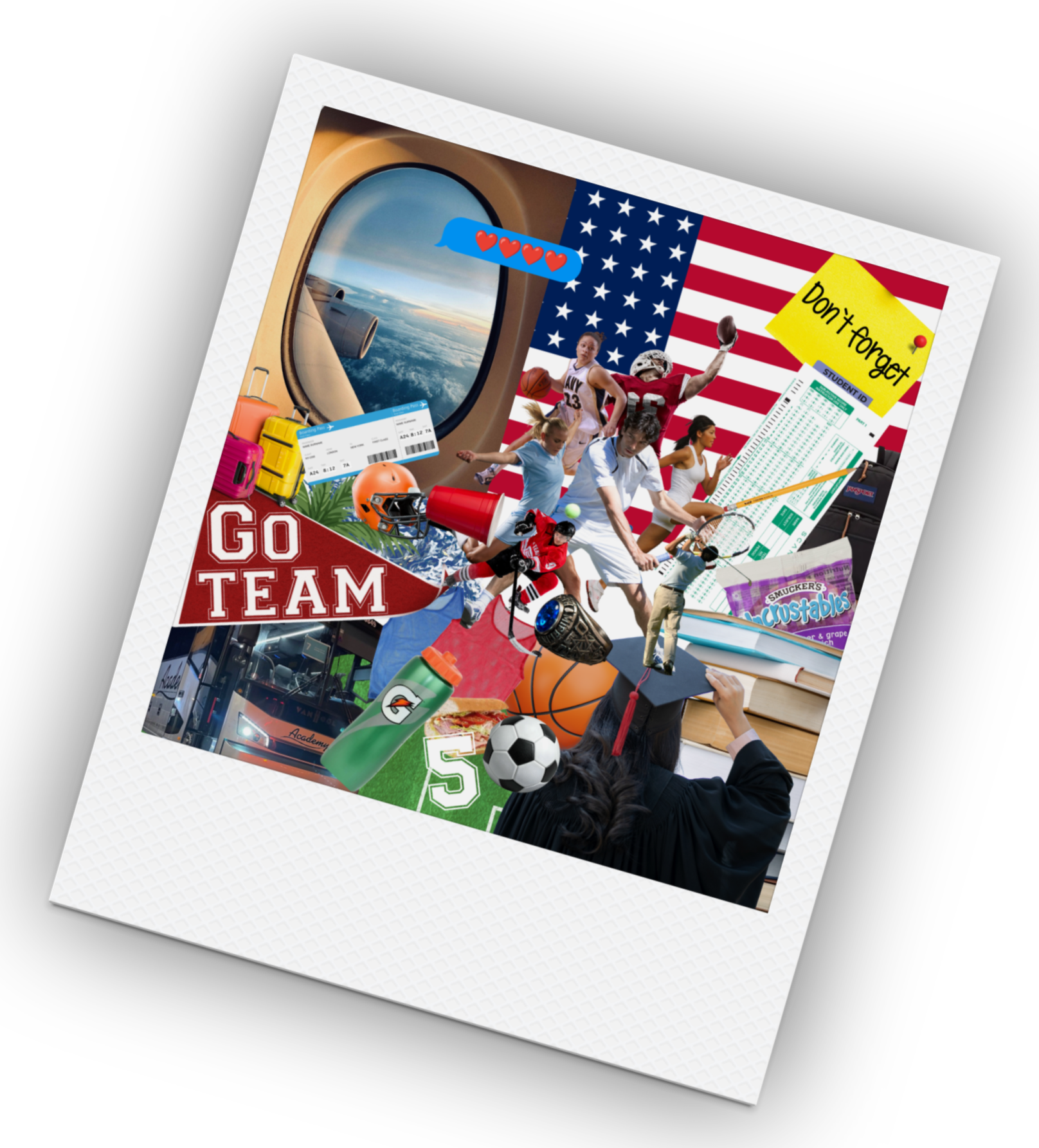 A collage featuring an airplane window view of the sky, American flag, athletes playing various sports, a yellow sticky note with 'Don't forget' written, a student ID, sports equipment, and snacks, with a person in a graduation gown at the bottom.