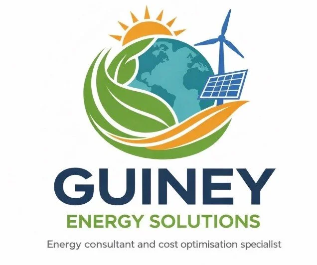 Logo for Guiney Energy Solutions featuring a sun, wind turbine, solar panel, and a globe with green fields.