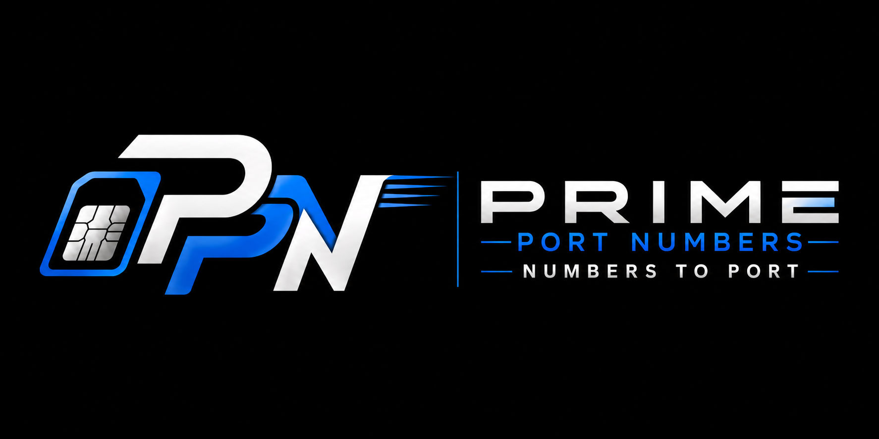 Logo for Prime Port Numbers with stylized text, blue and white color scheme, and a digital chip icon.