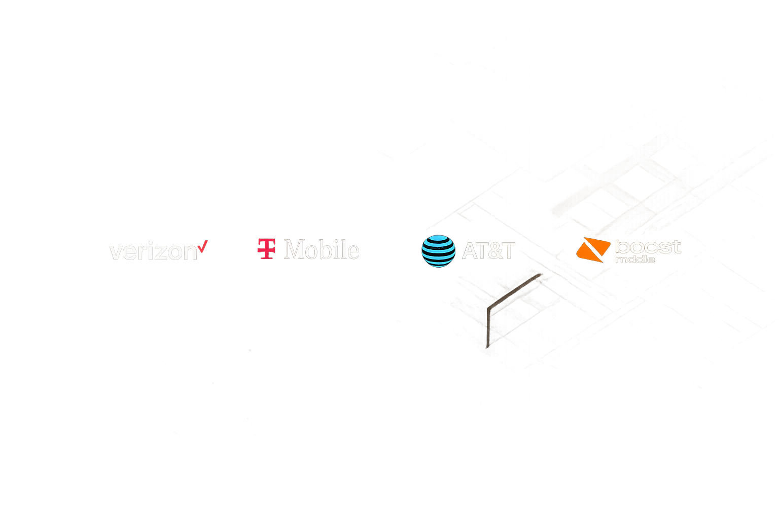 Logos of Verizon, T-Mobile, AT&T, and Boost Mobile displayed on a digital screen.