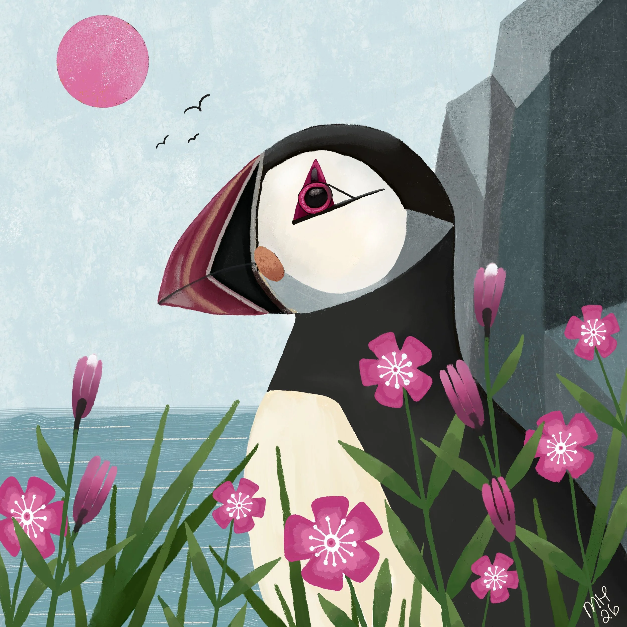 A stylized drawing of a penguin with pink eyeglasses, surrounded by pink flowers and green grass, with a large pink sun, birds, and mountains in the background.
