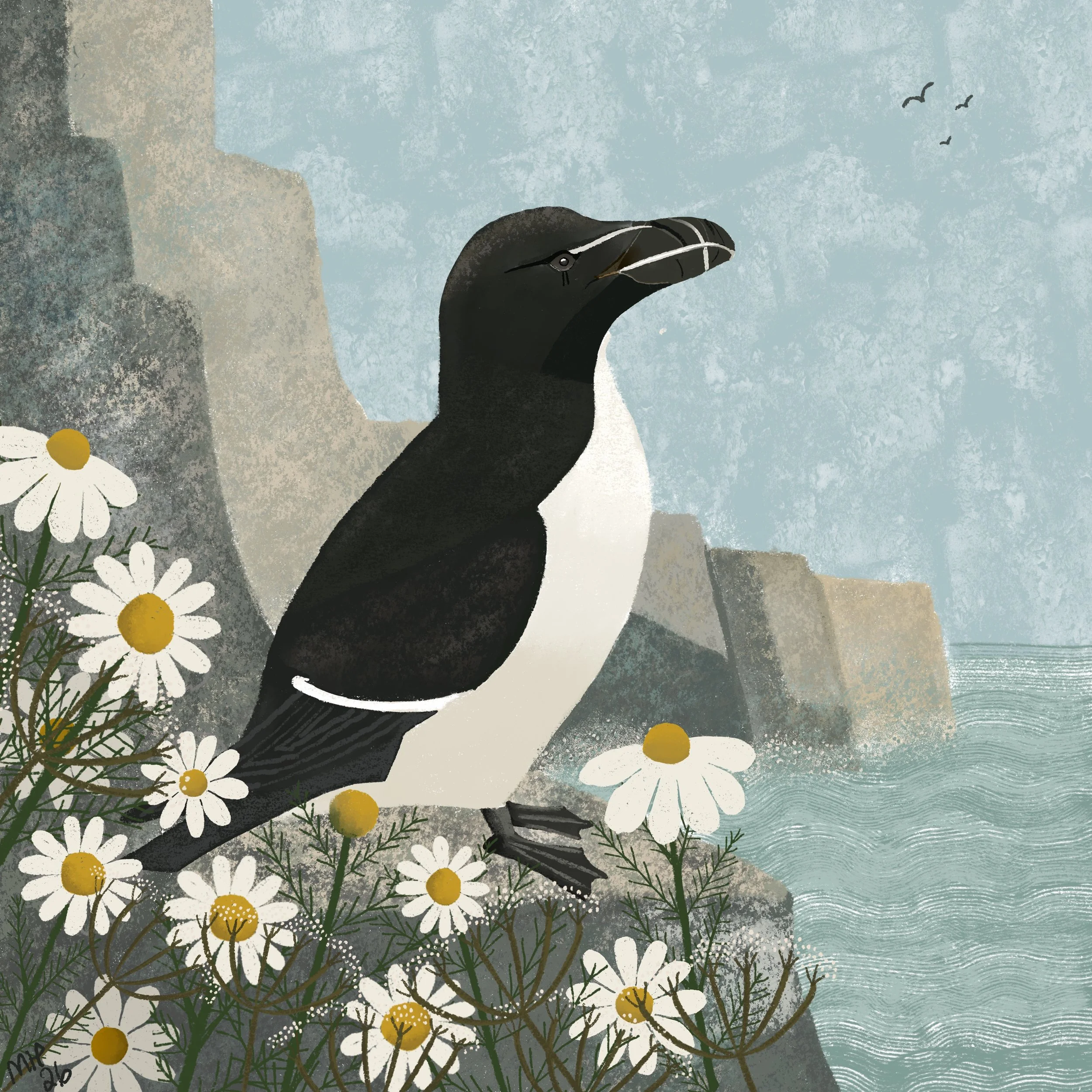 Illustration of a puffin bird standing among white daisies with yellow centers and green foliage, with mountains and a blue sky in the background.