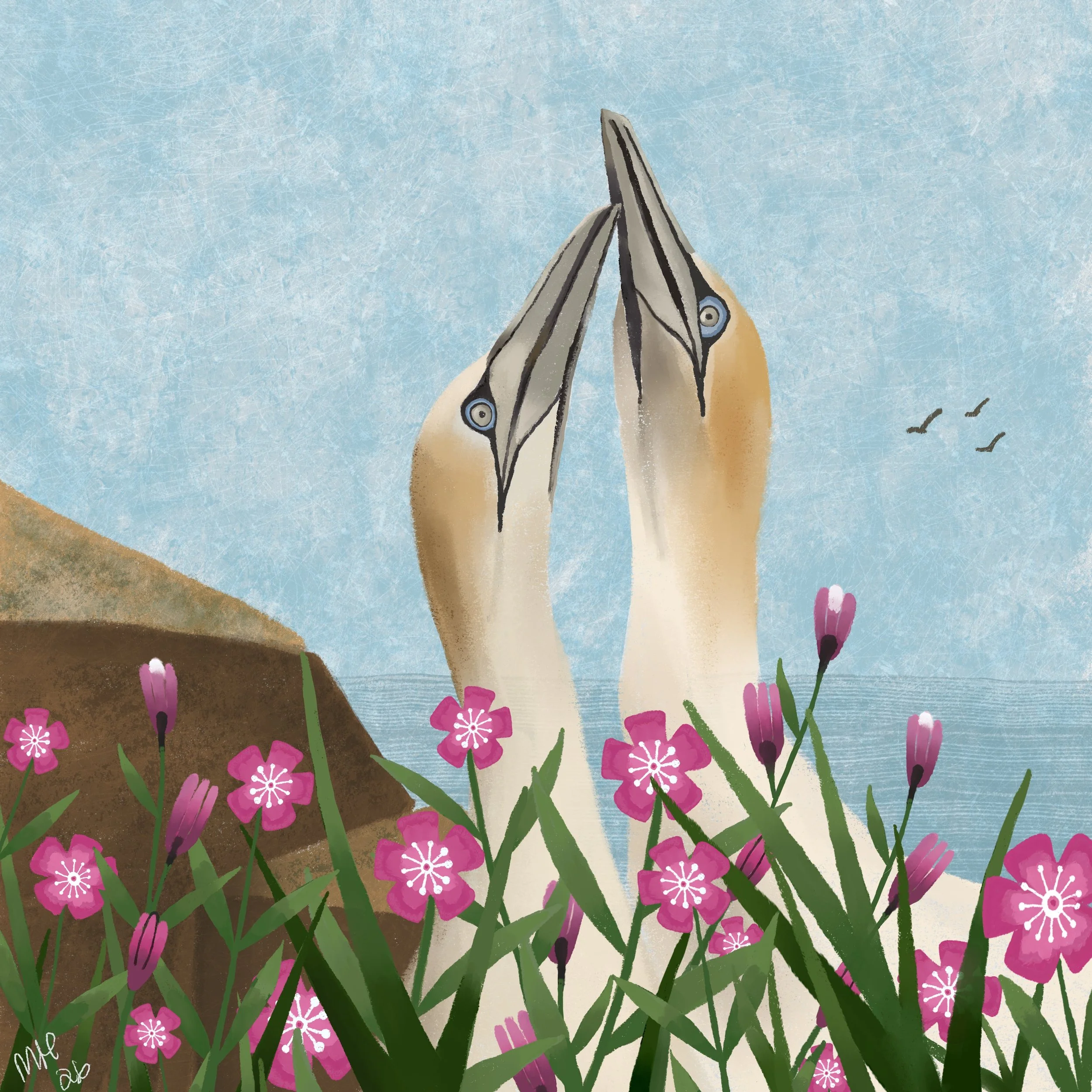 A painting of two giraffes with long necks and large eyes, standing in front of pink flowers and green grass, with a blue sky and a few flying birds in the background.