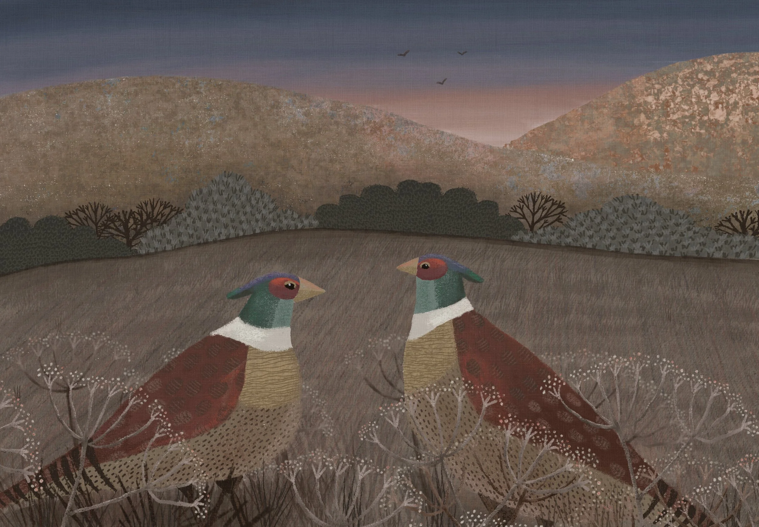 A painting of a landscape with two colorful birds in the foreground, rolling hills, trees, and a sky with birds flying at sunset.