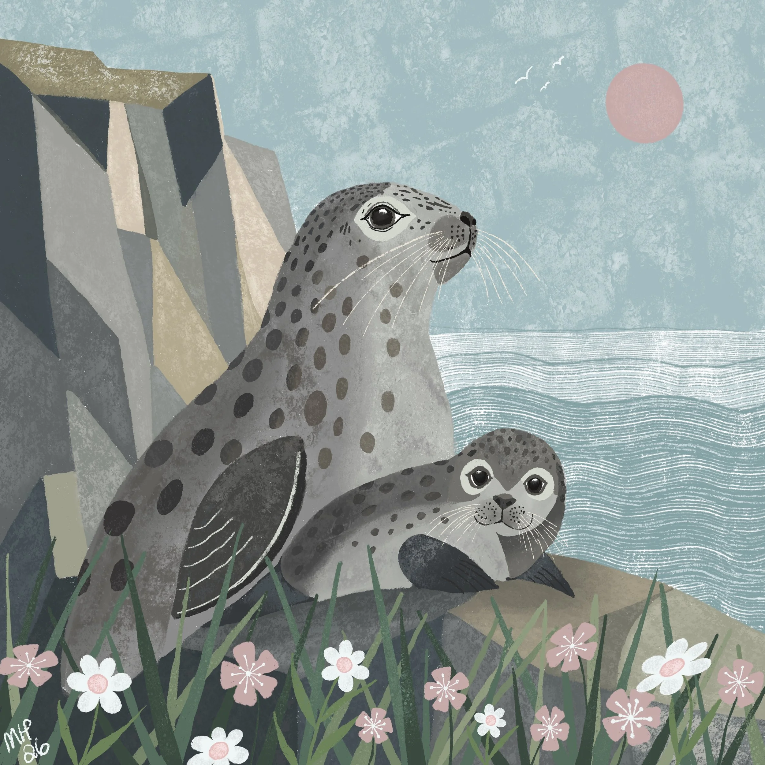 Stylized illustration of a leopard with spotted fur, looking forward, standing among green grass and pink and white flowers, with a large body of water and a pink sun or moon in the sky in the background.
