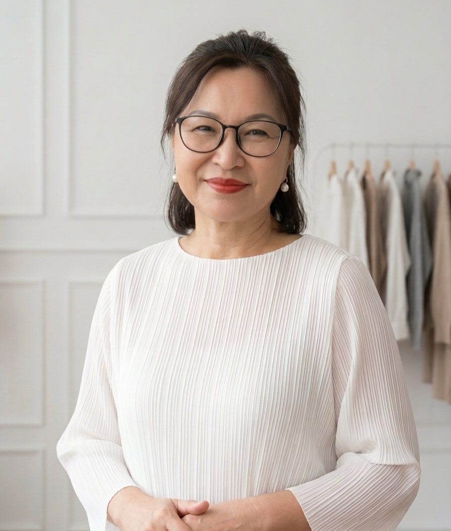 A woman with glasses and pearl earrings smiling in a white pleated top, standing in a room with clothing on a rack in the background.