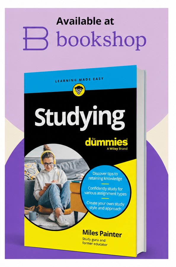 A book titled "Studying For Dummies" by Miles Painter is displayed, with a purple and yellow cover design. The background indicates the book is available at Bookshop, with a logo and text saying "Available at Bookshop".