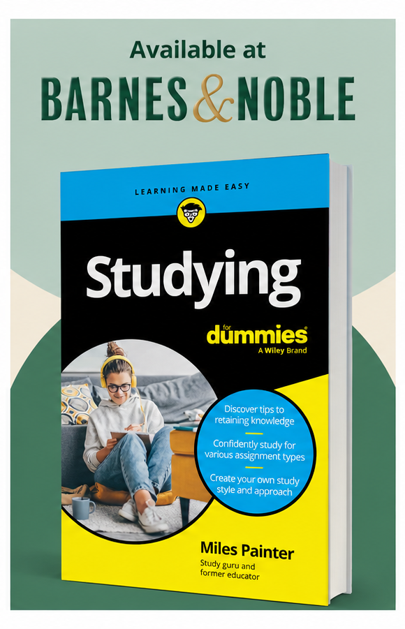 Book cover titled "Studying for Dummies" by Miles Painter, a study guide with tips for effective studying, featuring a young woman studying on a couch.