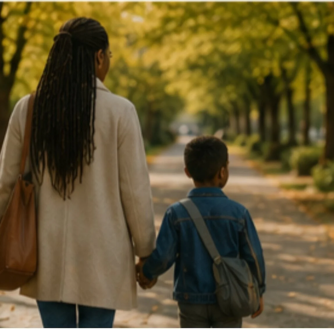A mother and son stand in a park holding hands and looking at trees