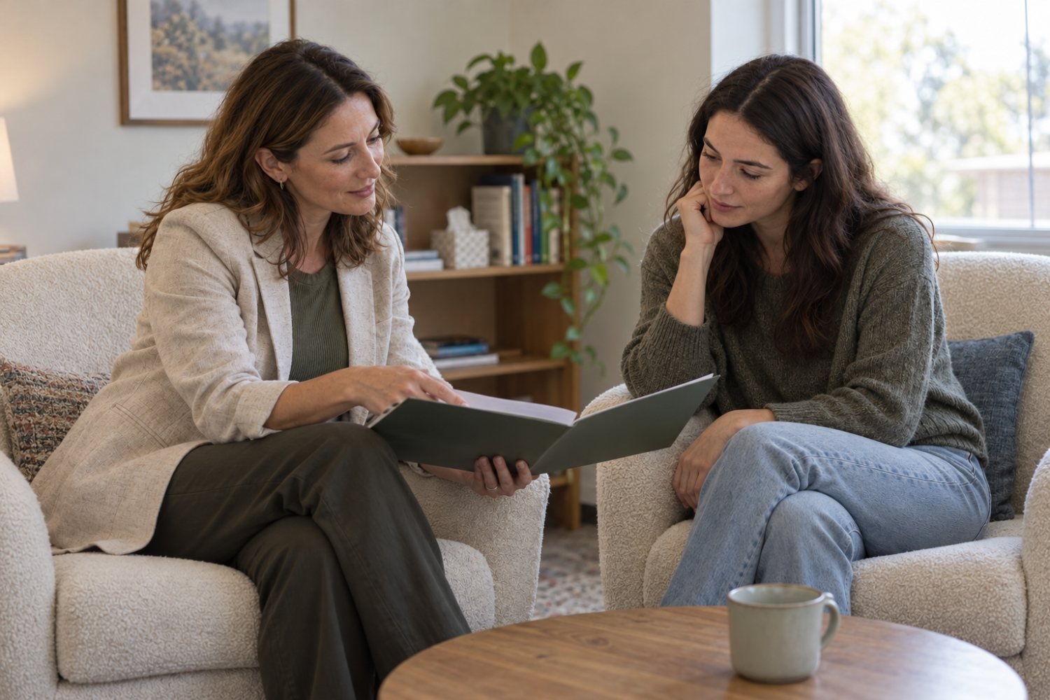 A clinician and adult client reviewing documents together in an office.