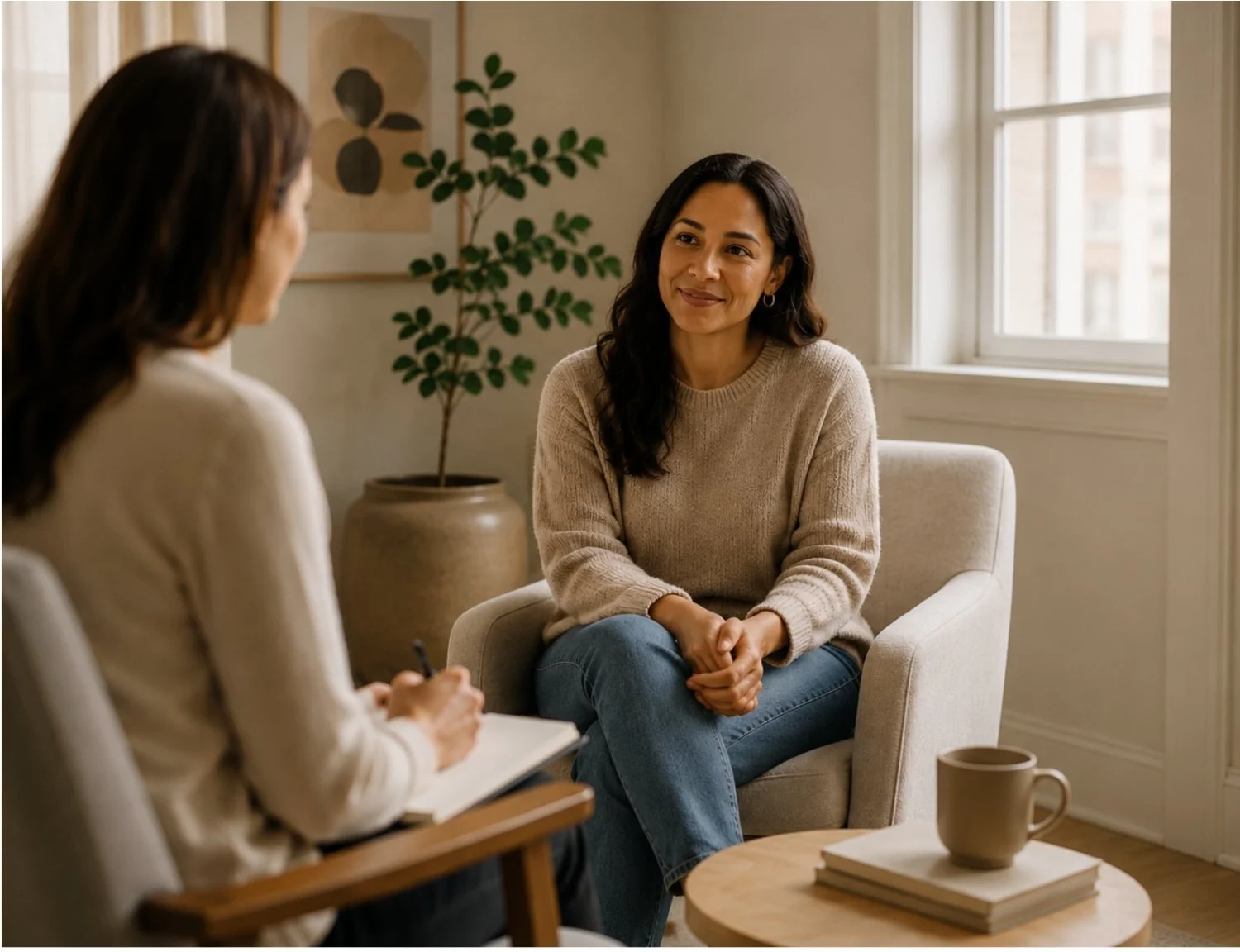 An adult client talking with a therapist in a sunlit office