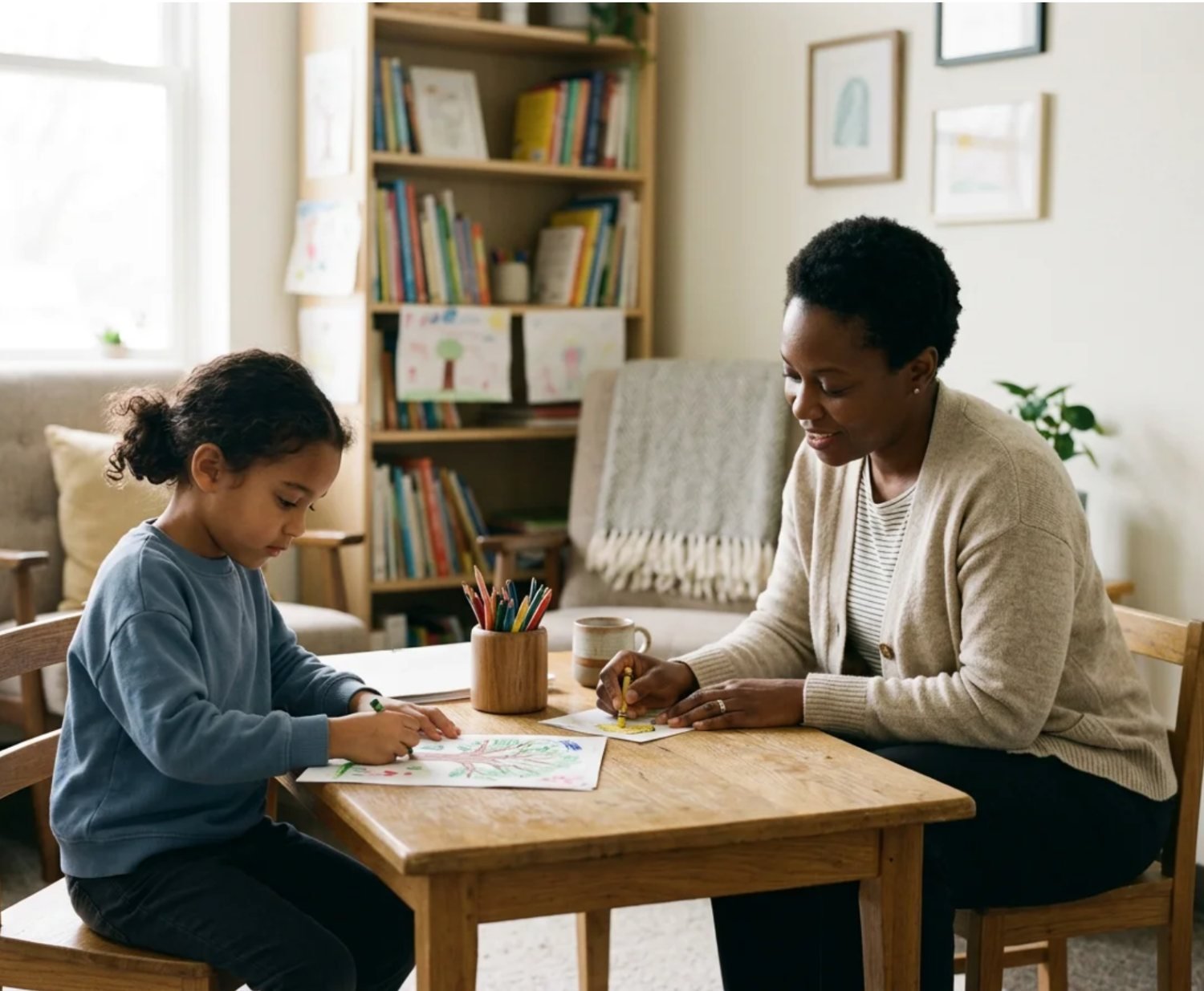 A child and therapist drawing together at a table.