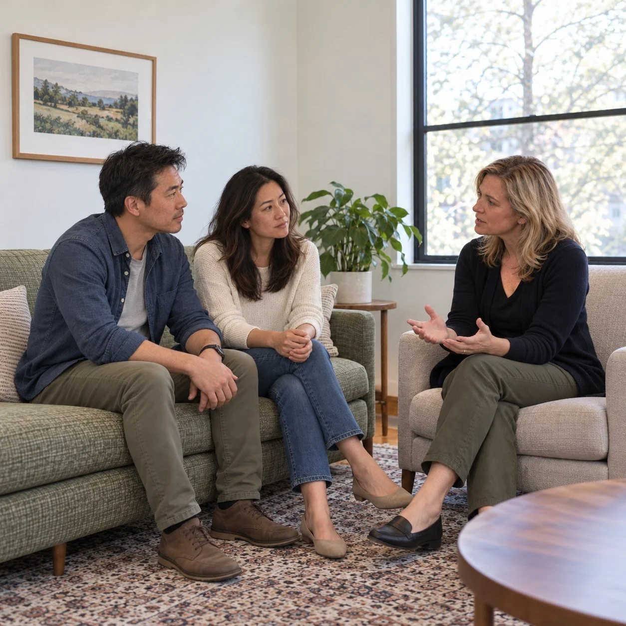 Two parents talking with a therapist in an office.