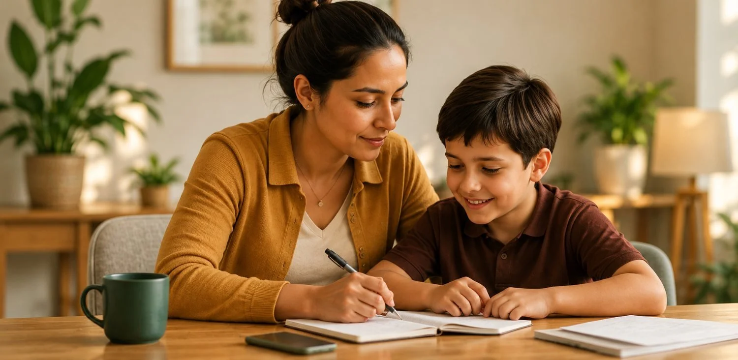 A parent and child writing together at a table.