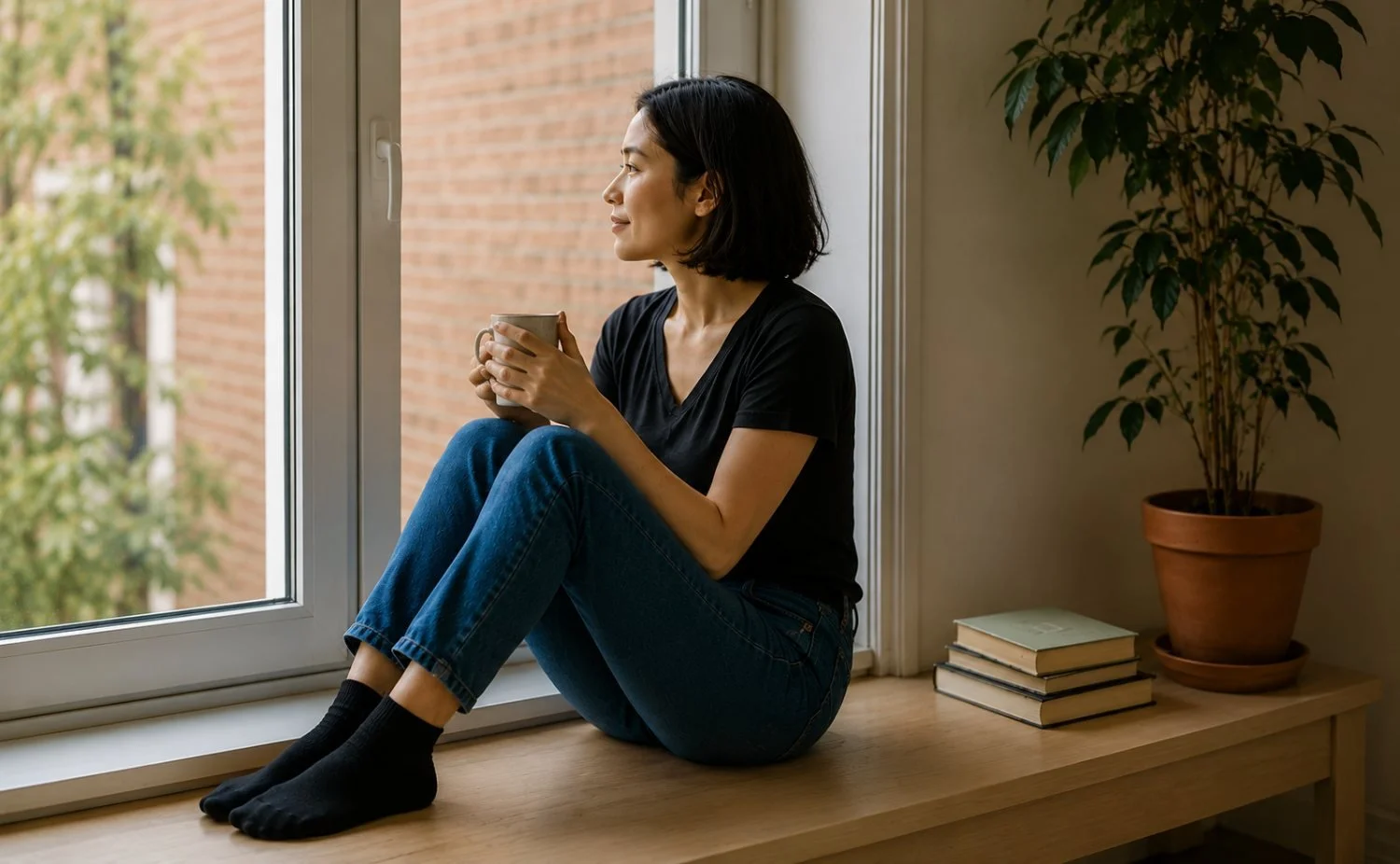 A person sitting beside a window, holding a mug and looking outside.