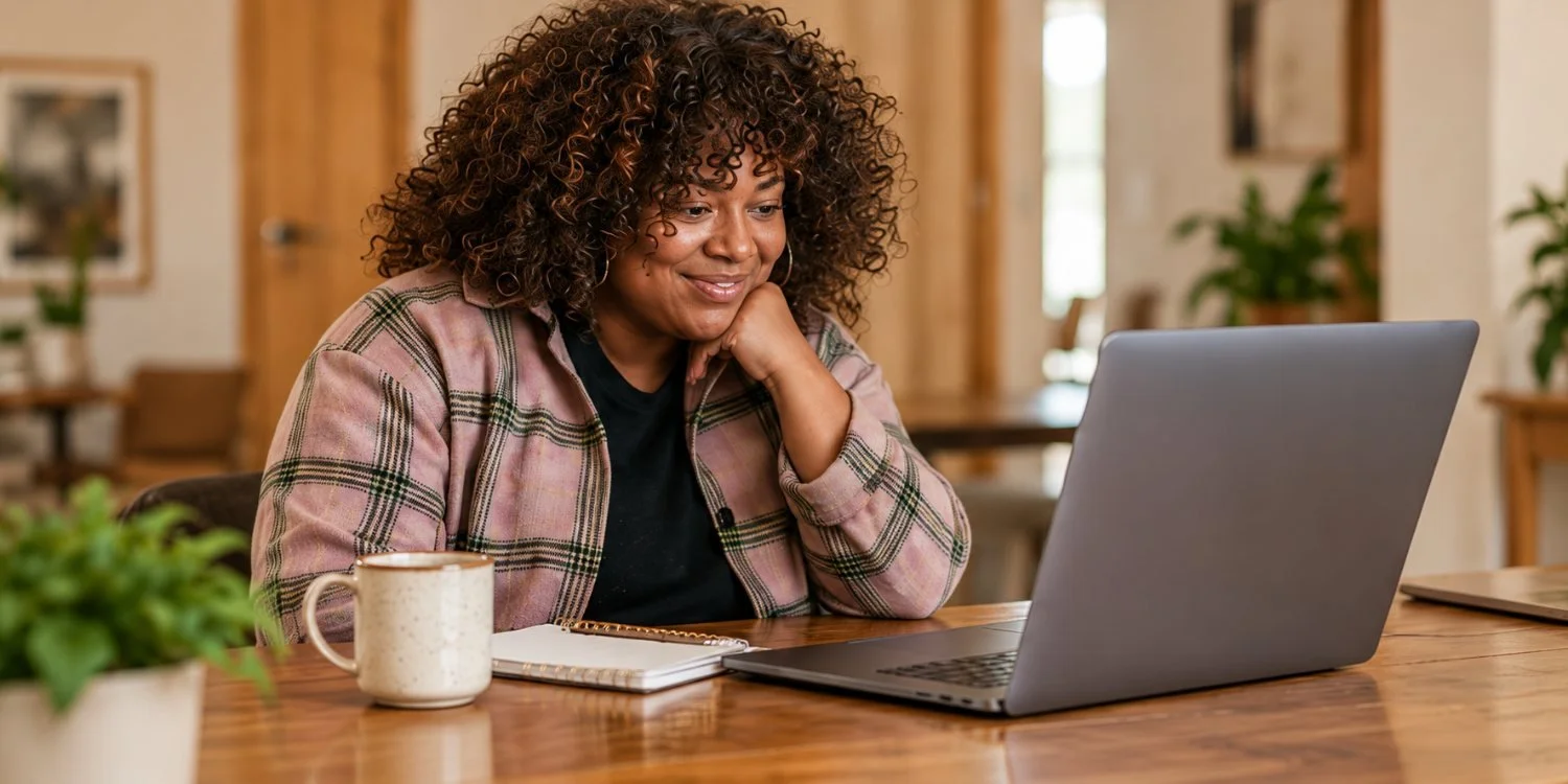 An adult seated at a table with a laptop and notebook.