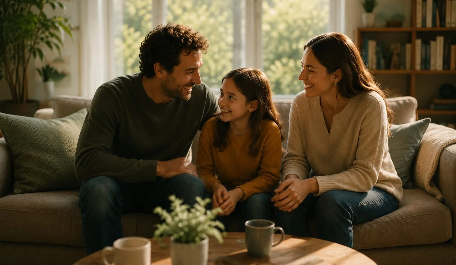 Two parents and their child smiling together on a sofa.