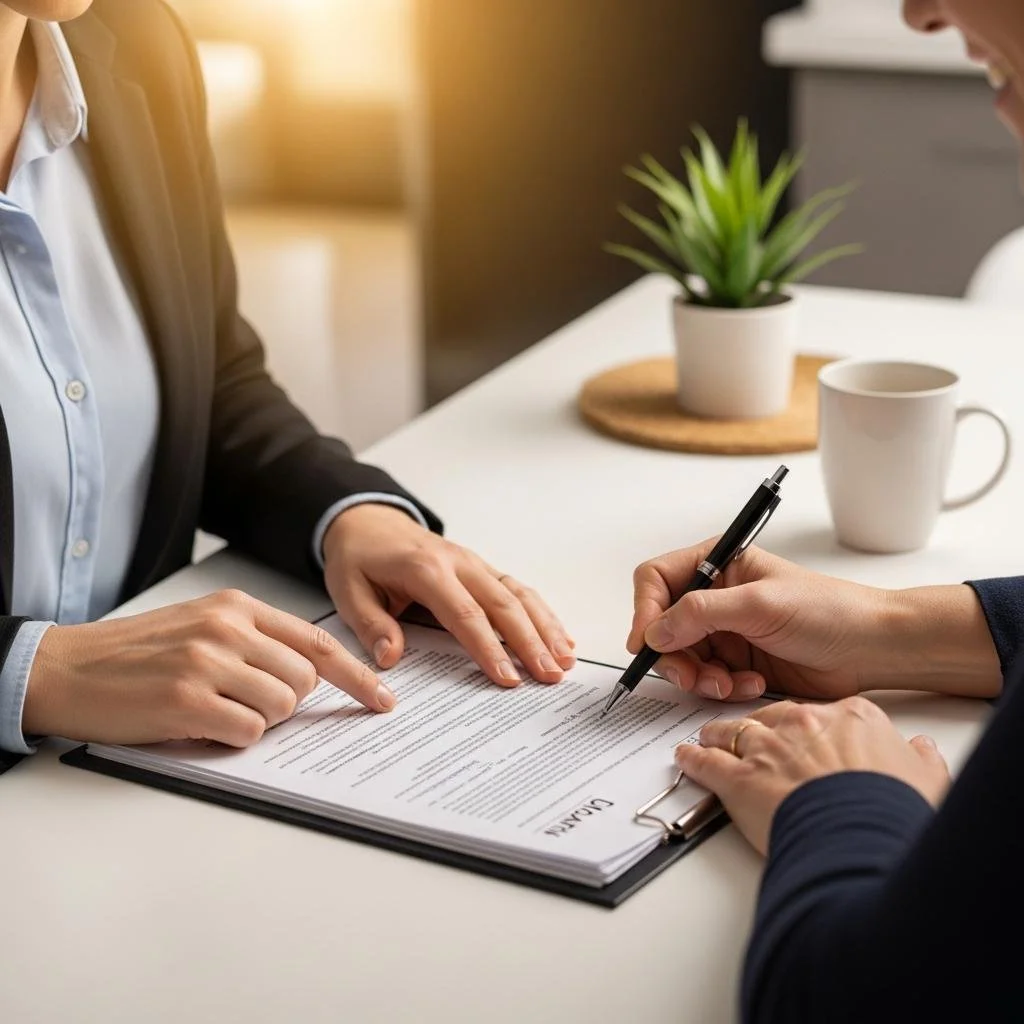 Two women in business attire signing a contract at a white table, with a potted plant and white mug in the background.