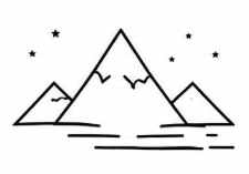 Dessins minimalistes de trois montagnes et quelques étoiles dans le ciel.