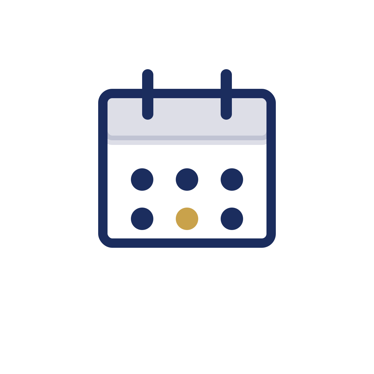 Icon of a calendar with six dots, one colored gold, representing a date or event.